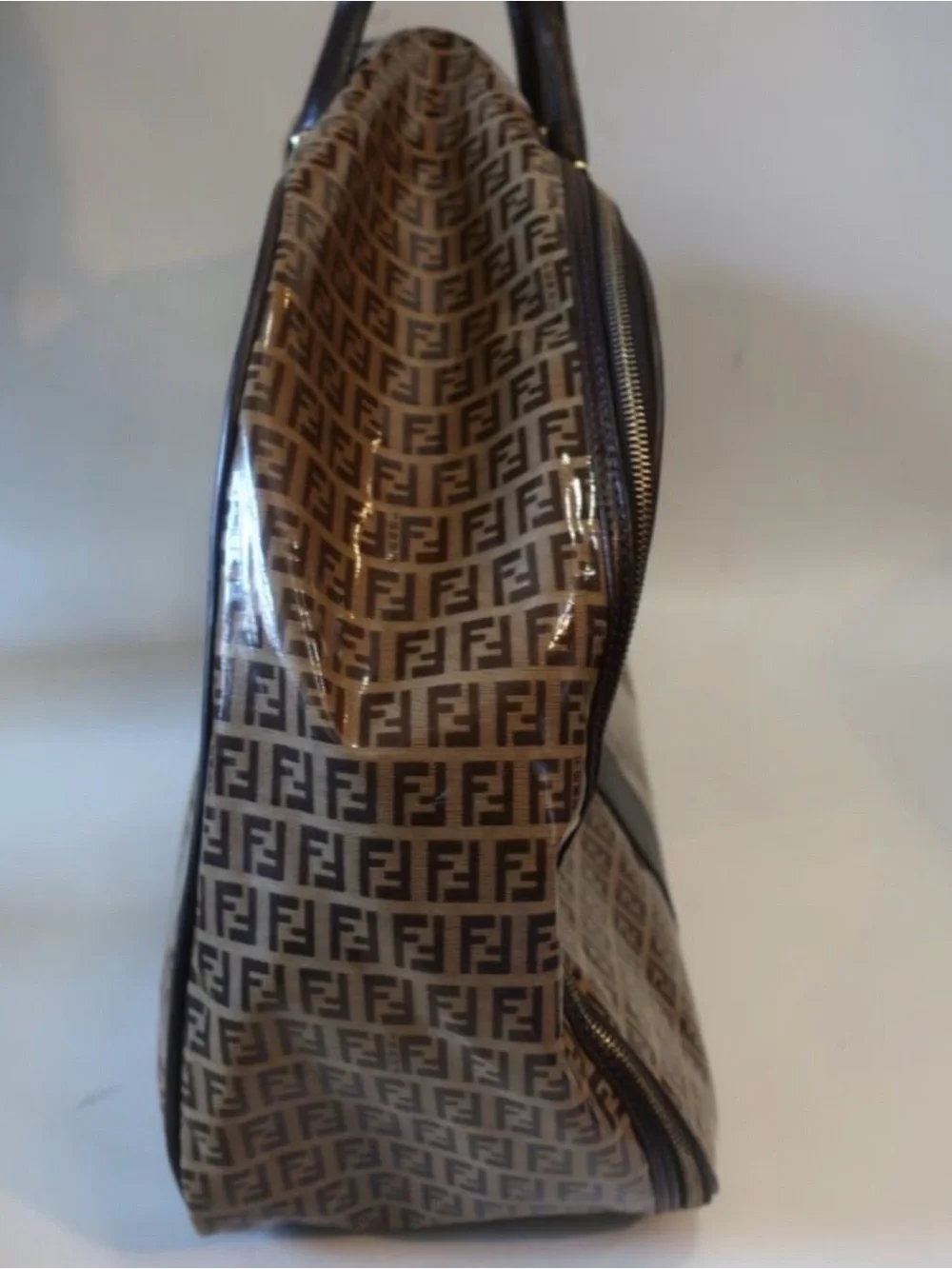 Vintage Authentic FENDI Zucchino Brown Vinyl Monogram Travel Duffel Boston Bag